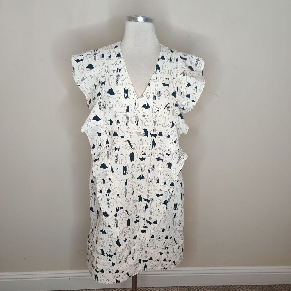 V-Neck Ruffle Midi Dress in White with Navy Print